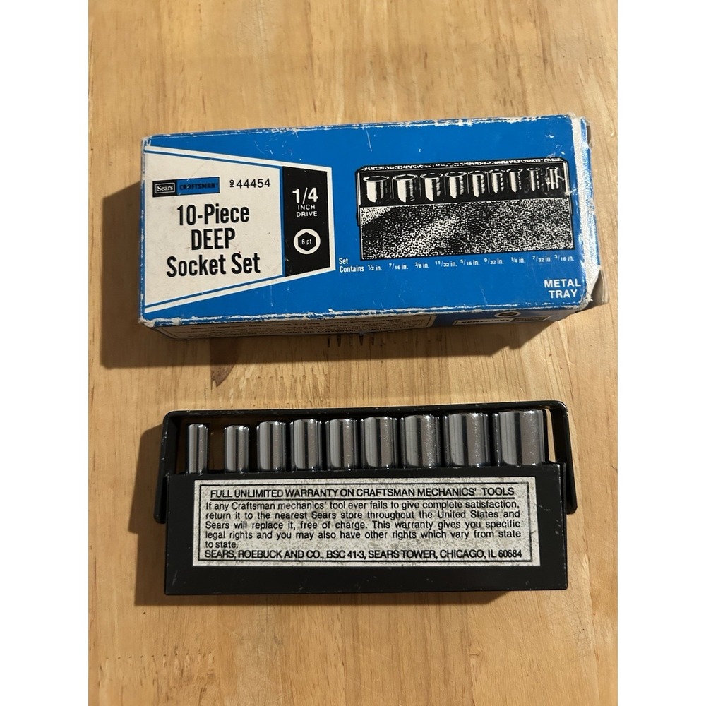Sears Craftsman USA 10 Piece 1/4" Deep Socket Set 6 Pt Metal Tray 44454 Made USA